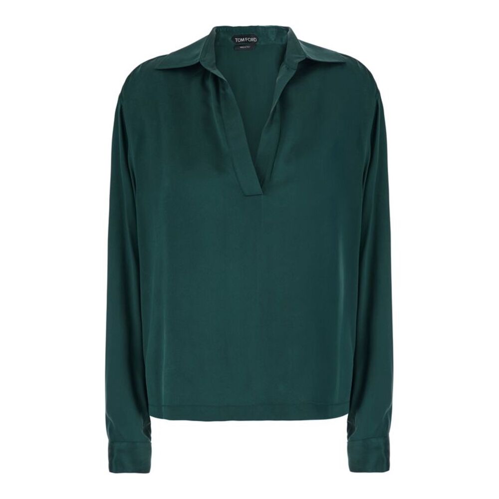 Tom Ford Women Green Shirt With Wide Collar And V-Neck In Silk For Women